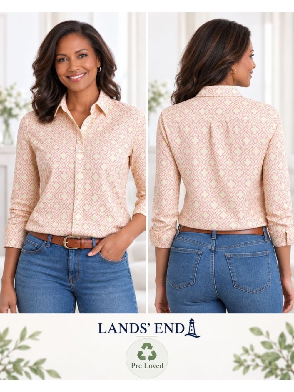 Lands' End Button Down Shirt Women's 12 Yellow Pink Geometric Cotton Workwear